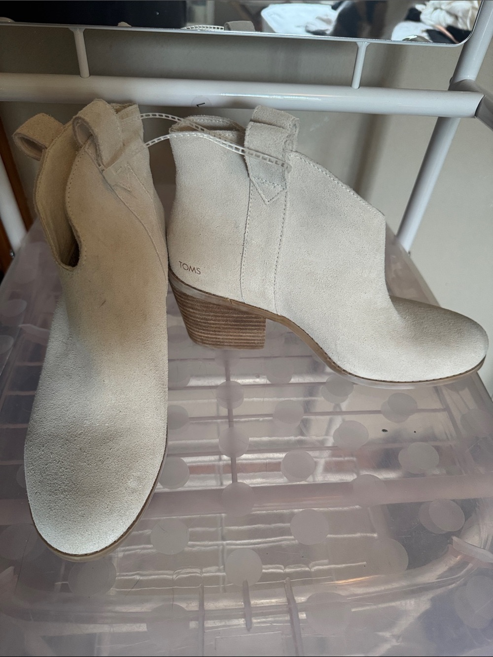 NWT TOMS Cream Suede Ankle Booties with Stacked Heel